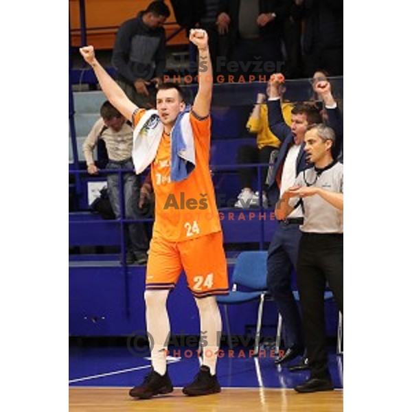 Jure Besedic in action during Nova KBM league playoff basketball match between Helios Suns and Hopsi Polzela in Domzale Sports Hall, Slovenia on May 4, 2019