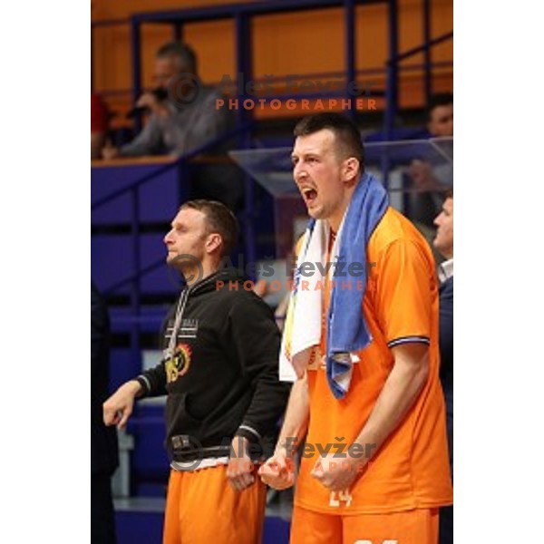 Jure Besedic in action during Nova KBM league playoff basketball match between Helios Suns and Hopsi Polzela in Domzale Sports Hall, Slovenia on May 4, 2019
