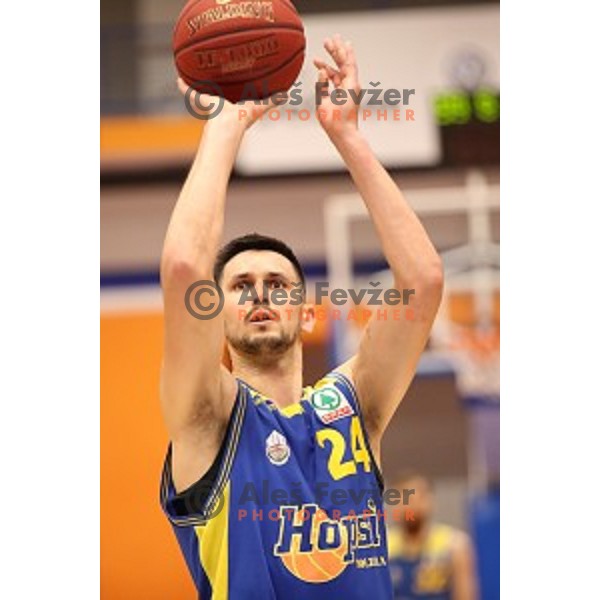 Simo Atanackovic in action during Nova KBM league playoff basketball match between Helios Suns and Hopsi Polzela in Domzale Sports Hall, Slovenia on May 4, 2019