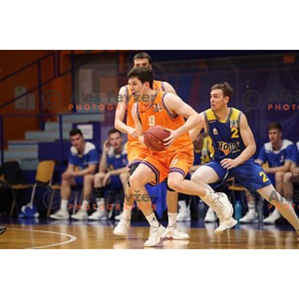 Aljaz Bratec in action during Nova KBM league playoff basketball match between Helios Suns and Hopsi Polzela in Domzale Sports Hall, Slovenia on May 4, 2019