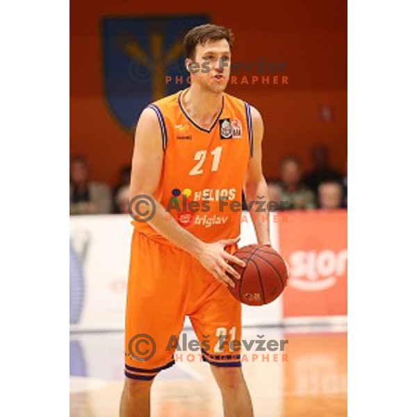 Blaz Mahkovic in action during Nova KBM league playoff basketball match between Helios Suns and Hopsi Polzela in Domzale Sports Hall, Slovenia on May 4, 2019