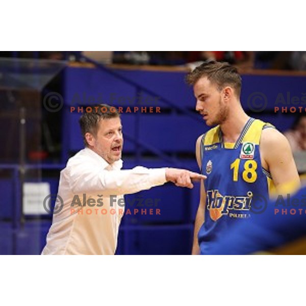 Bostjan Kuhar in action during Nova KBM league playoff basketball match between Helios Suns and Hopsi Polzela in Domzale Sports Hall, Slovenia on May 4, 2019