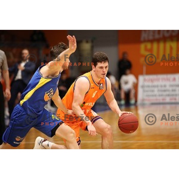 Aljaz Bratec in action during Nova KBM league playoff basketball match between Helios Suns and Hopsi Polzela in Domzale Sports Hall, Slovenia on May 4, 2019