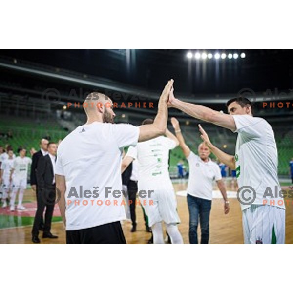 Boban Tomic and Erjon Kastrati during Nova KBM league quarter final basketball match between Petrol Olimpija and GGD Sencur, Arena Stozice, Ljubljana, Slovenia on May 07, 2019