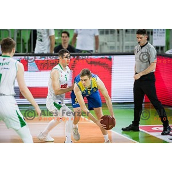 Jan Span and Jan Novak in action during Nova KBM league quarter final basketball match between Petrol Olimpija and GGD Sencur, Arena Stozice, Ljubljana, Slovenia on May 07, 2019