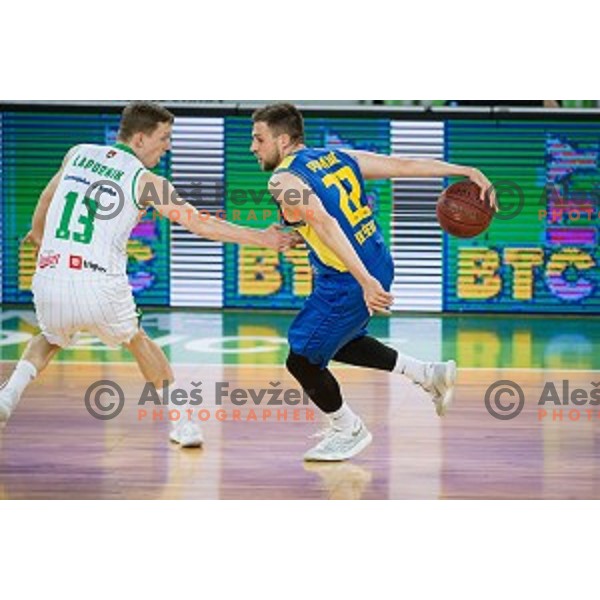 Miha Lapornik and Marko Popadic in action during Nova KBM league quarter final basketball match between Petrol Olimpija and GGD Sencur, Arena Stozice, Ljubljana, Slovenia on May 07, 2019