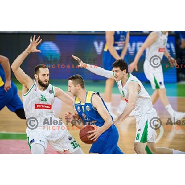 in action during Nova KBM league quarter final basketball match between Petrol Olimpija and GGD Sencur, Arena Stozice, Ljubljana, Slovenia on May 07, 2019