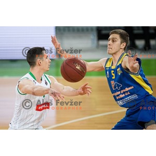 Jan Span and Jan Novak in action during Nova KBM league quarter final basketball match between Petrol Olimpija and GGD Sencur, Arena Stozice, Ljubljana, Slovenia on May 07, 2019