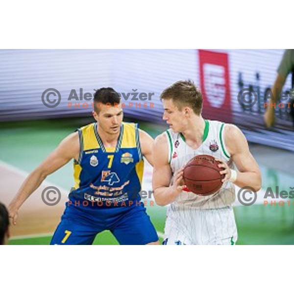Dino Muric and Luka Samanic in action during Nova KBM league quarter final basketball match between Petrol Olimpija and GGD Sencur, Arena Stozice, Ljubljana, Slovenia on May 07, 2019