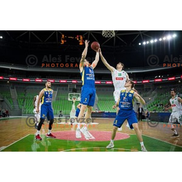 Dino Muric and Roko Badzim in action during Nova KBM league quarter final basketball match between Petrol Olimpija and GGD Sencur, Arena Stozice, Ljubljana, Slovenia on May 07, 2019