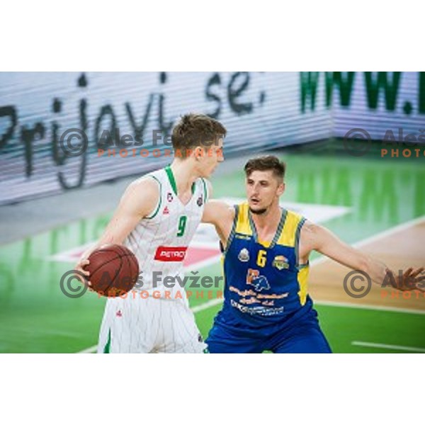 Luka Samanic and Gezim Morina in action during Nova KBM league quarter final basketball match between Petrol Olimpija and GGD Sencur, Arena Stozice, Ljubljana, Slovenia on May 07, 2019