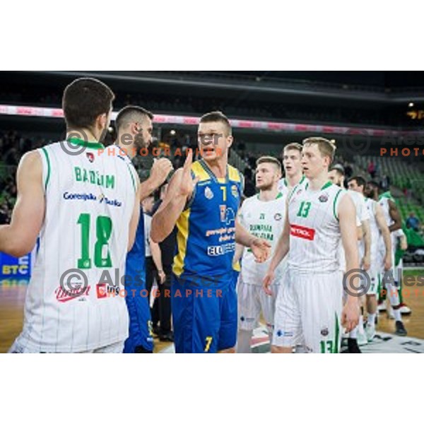 Dino Muric and Miha Lapornik in action during Nova KBM league quarter final basketball match between Petrol Olimpija and GGD Sencur, Arena Stozice, Ljubljana, Slovenia on May 07, 2019