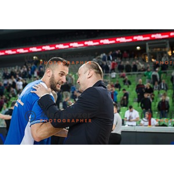 Smiljan Pavic and Jure Zdovc after Nova KBM league quarter final basketball match between Petrol Olimpija and GGD Sencur, Arena Stozice, Ljubljana, Slovenia on May 07,2019