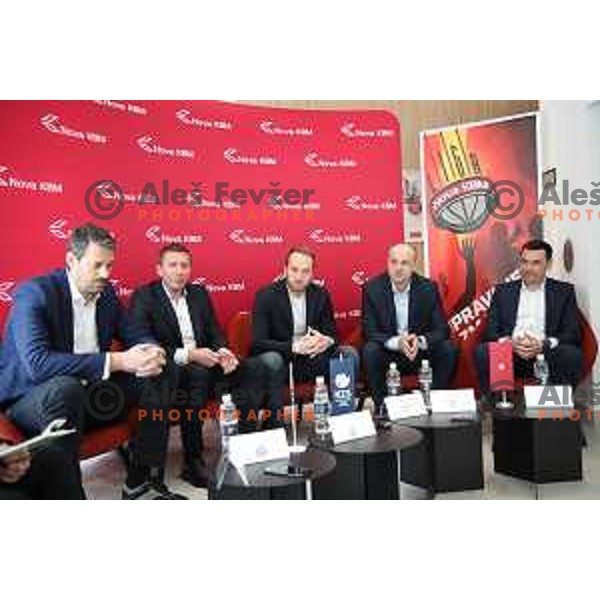 Jurica Golemac, Simon Petrov, Dejan Jakara and Jure Zdovc during press conference KZS before start of semi-final of Nova KBM league 2018/2019 season in Ljubljana on May 8, 2019
