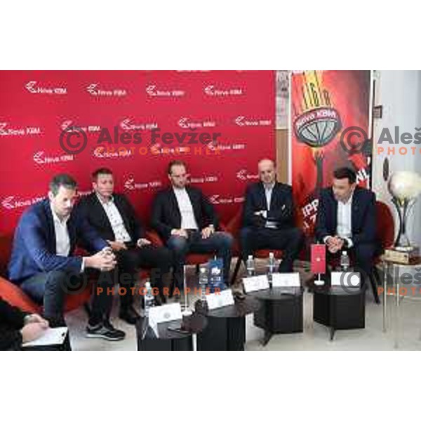 Jurica Golemac, Simon Petrov, Dejan Jakara and Jure Zdovc during press conference KZS before start of semi-final of Nova KBM league 2018/2019 season in Ljubljana on May 8, 2019
