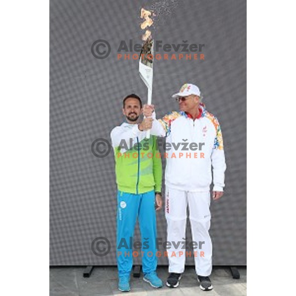 Saso Bertoncelj and Janez Skrabec during Reception of Olympic flame for Minsk 2019 European Games in BTC City, Ljubljana on May 8, 2019