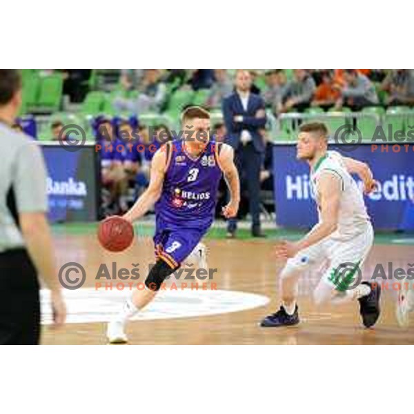 Miroslav Pasaljic and Jan Rebec in action during semi-final of Nova KBM league basketball match between Petrol Olimpija and Helios Suns in Stozice, Ljubljana, Slovenia on May 11, 2019