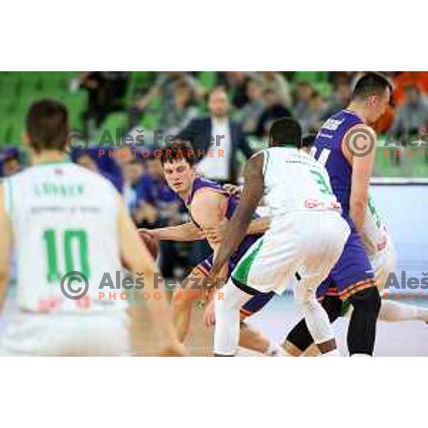 Aljaz Bratec in action during semi-final of Nova KBM league basketball match between Petrol Olimpija and Helios Suns in Stozice, Ljubljana, Slovenia on May 11, 2019
