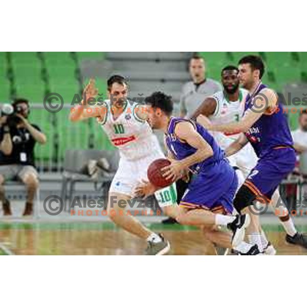 Domen Lorbek and Miha Fon in action during semi-final of Nova KBM league basketball match between Petrol Olimpija and Helios Suns in Stozice, Ljubljana, Slovenia on May 11, 2019