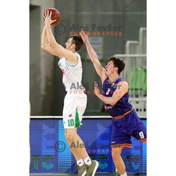 Aljaz Bratec and Domen Lorbek in action during semi-final of Nova KBM league basketball match between Petrol Olimpija and Helios Suns in Stozice, Ljubljana, Slovenia on May 11, 2019