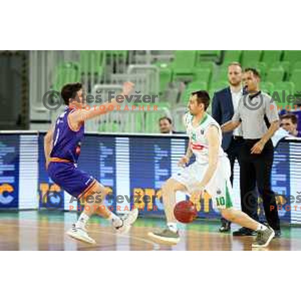 Aljaz Bratec and Domen Lorbek in action during semi-final of Nova KBM league basketball match between Petrol Olimpija and Helios Suns in Stozice, Ljubljana, Slovenia on May 11, 2019