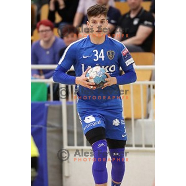Domen Makuc in action during semi-final of Slovenian Handball Cup between Gorenje Velenje and Celje Pivovarna Lasko in Marof Hall, Novo Mesto on May 11, 2019