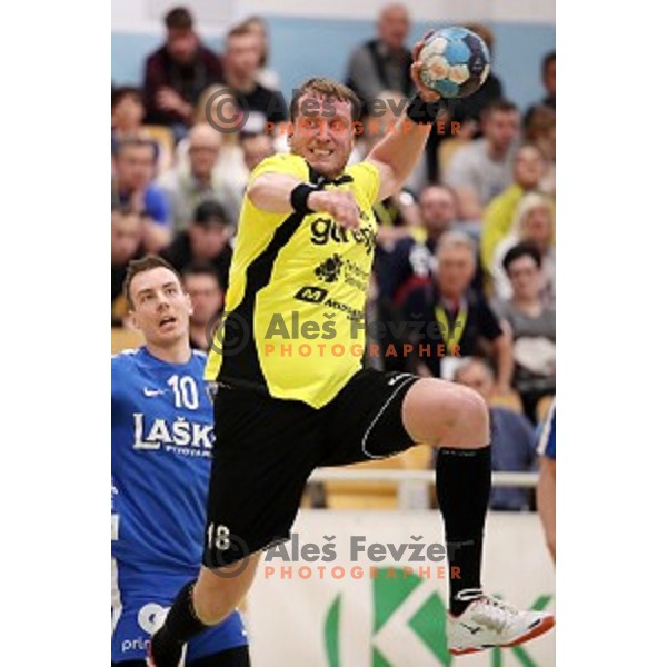 David Miklavcic in action during semi-final of Slovenian Handball Cup between Gorenje Velenje and Celje Pivovarna Lasko in Marof Hall, Novo Mesto on May 11, 2019