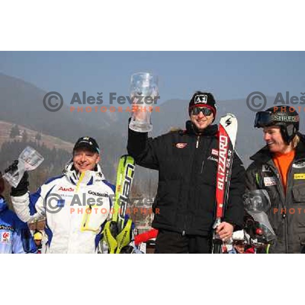 Brolenius (third), Herbst (winner) and Ligety (second) at winners podium of Europa Cup slalom in Kranjska gora, Slovenia 15.2.2008 