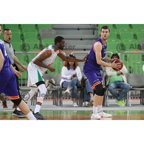 Marvin Jones and Igor Tratnik in action during semi-final of Nova KBM league basketball match between Petrol Olimpija and Helios Suns in Stozice, Ljubljana, Slovenia on May 11, 2019