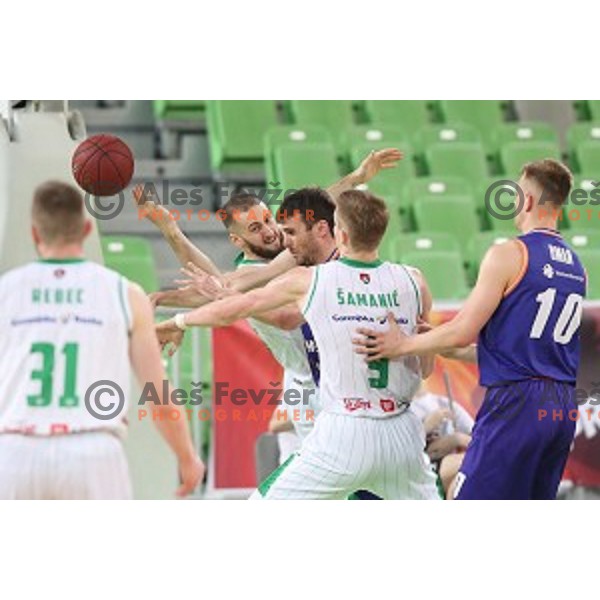 Bojan Radulovic and Igor Tratnik in action during semi-final of Nova KBM league basketball match between Petrol Olimpija and Helios Suns in Stozice, Ljubljana, Slovenia on May 11, 2019