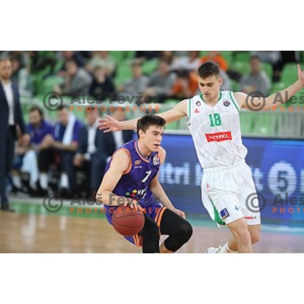 Nejc Klavzar in action during semi-final of Nova KBM league basketball match between Petrol Olimpija and Helios Suns in Stozice, Ljubljana, Slovenia on May 11, 2019