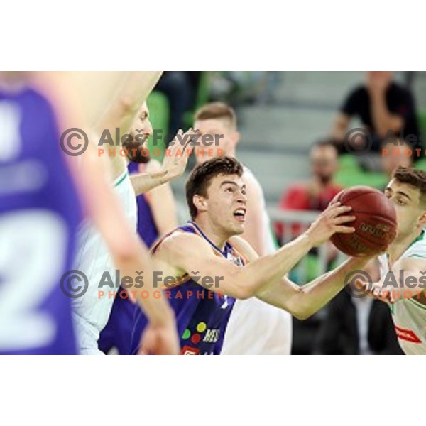 Nejc Klavzar in action during semi-final of Nova KBM league basketball match between Petrol Olimpija and Helios Suns in Stozice, Ljubljana, Slovenia on May 11, 2019