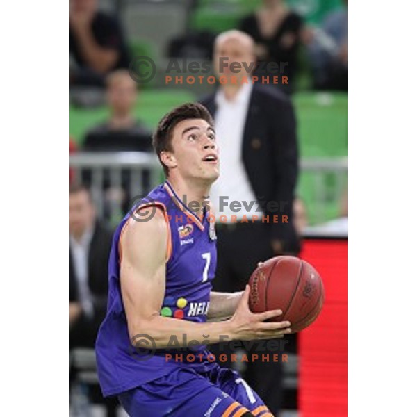 Nejc Klavzar in action during semi-final of Nova KBM league basketball match between Petrol Olimpija and Helios Suns in Stozice, Ljubljana, Slovenia on May 11, 2019