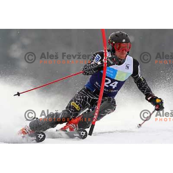 Jimmy Cochran skiing in first run of Europa Cup slalom in Kranjska gora, Slovenia 15.2.2008 