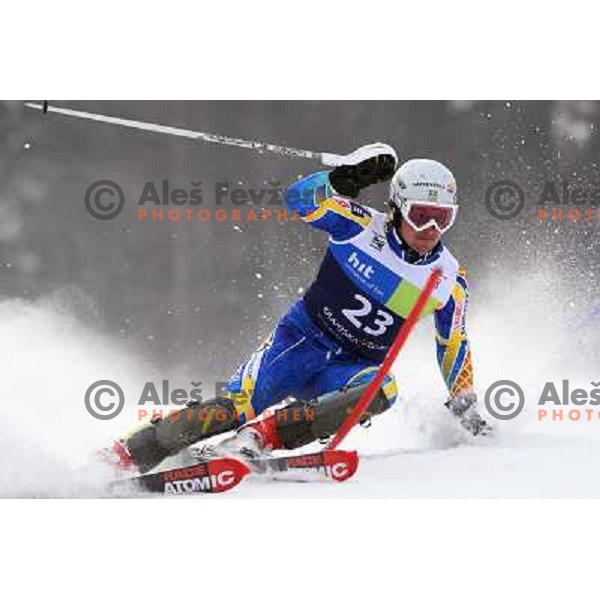 Markus Larsson skiing in first run of Europa Cup slalom in Kranjska gora, Slovenia 15.2.2008 