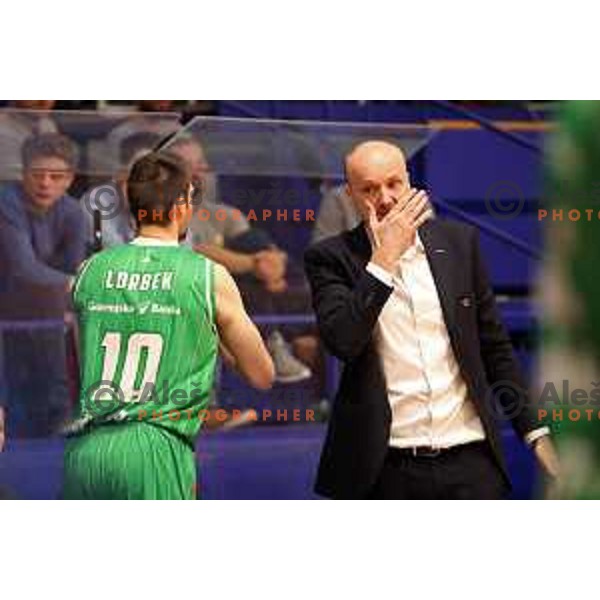 Domen Lorbek and Jure Zdovc during semi-final of Nova KBM league basketball match between Helios Suns and Petrol Olimpija in Domzale Sports Hall, Slovenia on May 13, 2019