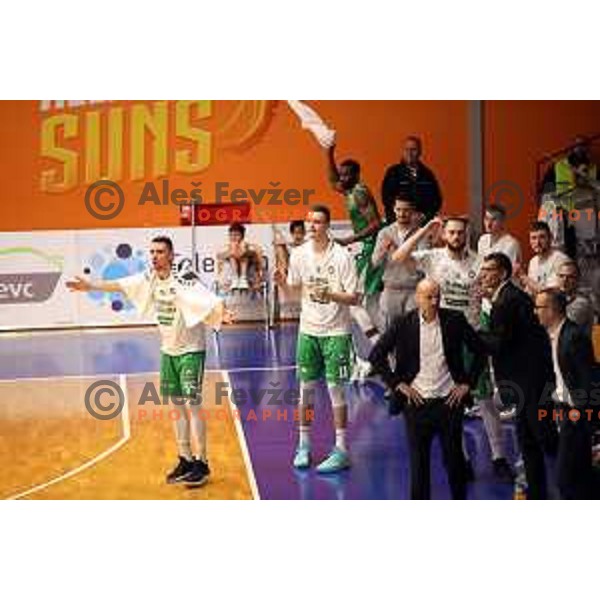 Erjon Kastrati and Marko Simonovic in action during semi-final of Nova KBM league basketball match between Helios Suns and Petrol Olimpija in Domzale Sports Hall, Slovenia on May 13, 2019
