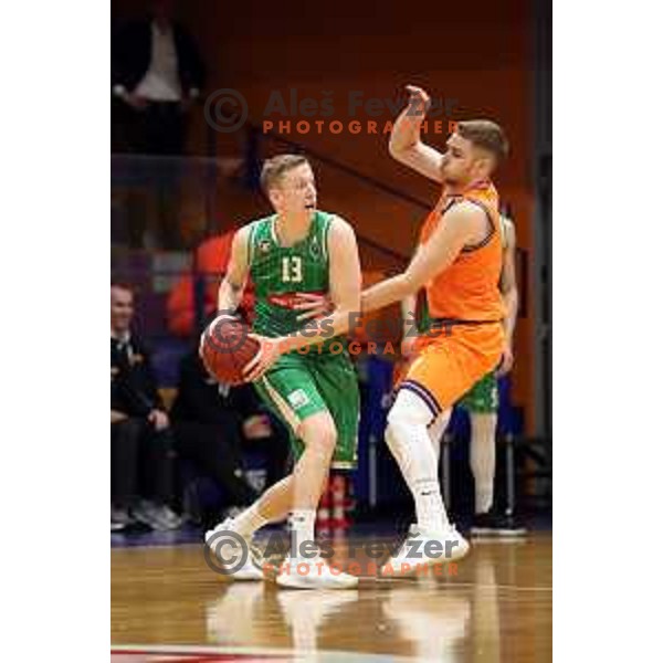 Miha Lapornik and Miroslav Pasaljic in action during semi-final of Nova KBM league basketball match between Helios Suns and Petrol Olimpija in Domzale Sports Hall, Slovenia on May 13, 2019