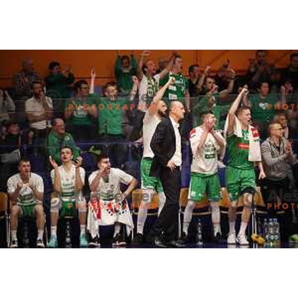 Jure Zdovc and Miha Lapornik in action during semi-final of Nova KBM league basketball match between Helios Suns and Petrol Olimpija in Domzale Sports Hall, Slovenia on May 13, 2019