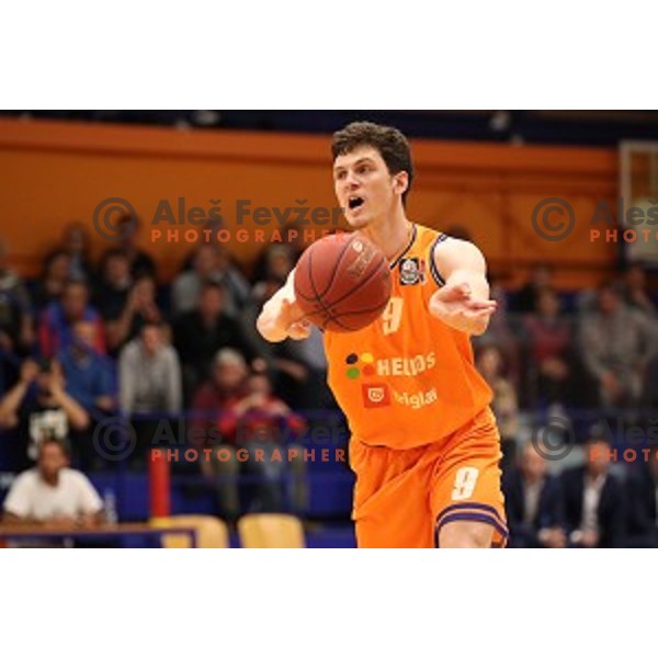 Aljaz Bratec in action during semi-final of Nova KBM league basketball match between Helios Suns and Petrol Olimpija in Domzale Sports Hall, Slovenia on May 13, 2019