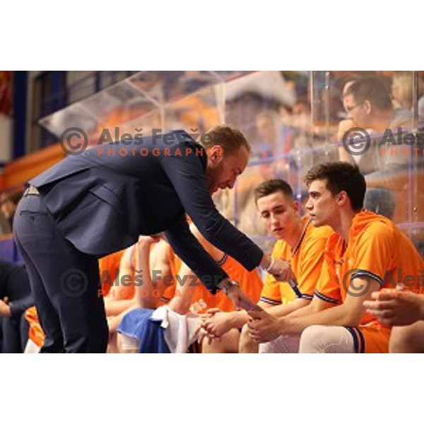 Dejan Jakara and Nejc Klavzar in action during semi-final of Nova KBM league basketball match between Helios Suns and Petrol Olimpija in Domzale Sports Hall, Slovenia on May 13, 2019
