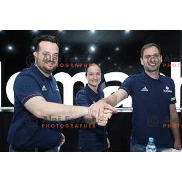 Damir Grgic, Nika Baric and Matej Likar of Slovenia Basketball team during press conference KZS in Ljubljana on May 14, 2019