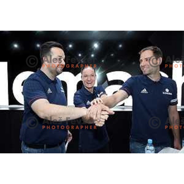 Damir Grgic, Nika Baric and Matej Likar of Slovenia Basketball team during press conference KZS in Ljubljana on May 14, 2019