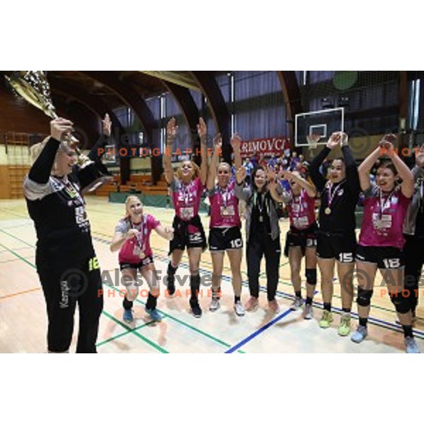 Players of Krim Mercator celebrate Slovenian National Women\'s Handball Title in Galjevica Hall, Ljubljana on May 14, 2019