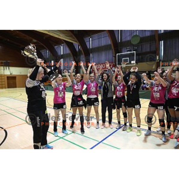 Players of Krim Mercator celebrate Slovenian National Women\'s Handball Title in Galjevica Hall, Ljubljana on May 14, 2019