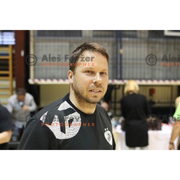 Uros Bregar, head coach of Krim Mercator celebrates Slovenian National Women\'s Handball Title in Galjevica Hall, Ljubljana on May 14, 2019