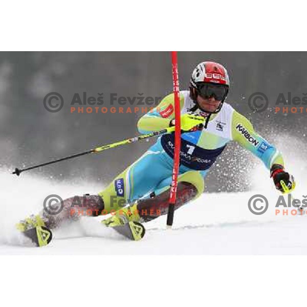 Mitja Dragsic skiing in first run of Europa Cup slalom in Kranjska gora, Slovenia 15.2.2008 