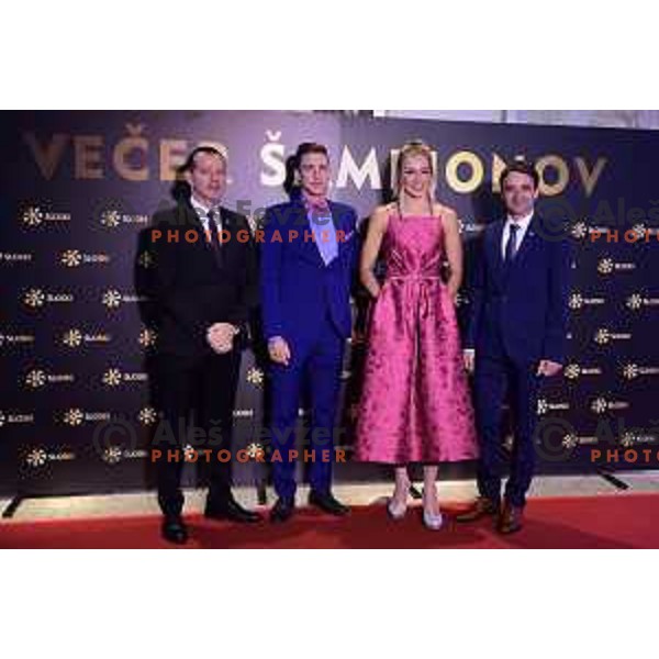 Enzo Smrekar, Janez Lampic, Anamarija Lampic and Franci Petek on red carpet before Night of the Champions in hotel Union, Ljubljana, Slovenia on May 16, 2019