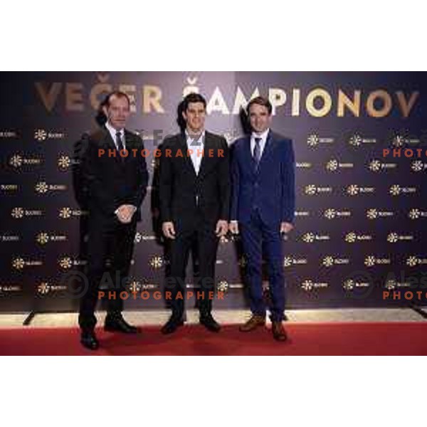 Enzo Smrekar, Zan Kranjec and Franci Petek on red carpet before Night of the Champions in hotel Union, Ljubljana, Slovenia on May 16, 2019