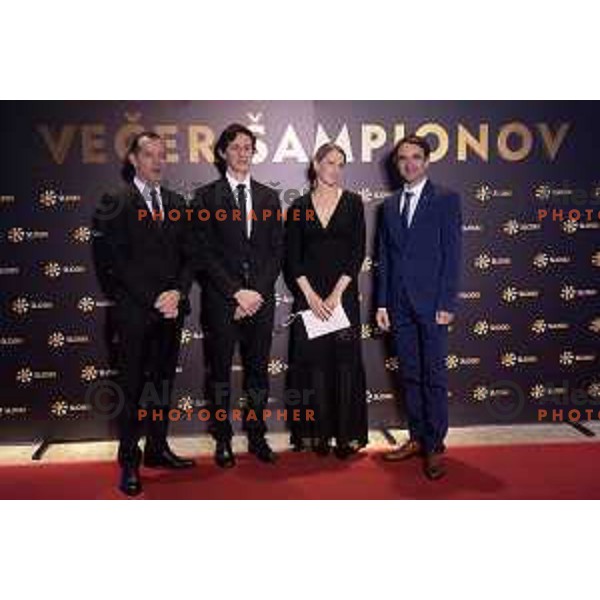 Enzo Smrekar, Peter Prevc and his wife and Franci Petek on red carpet before Night of the Champions in hotel Union, Ljubljana, Slovenia on May 16, 2019